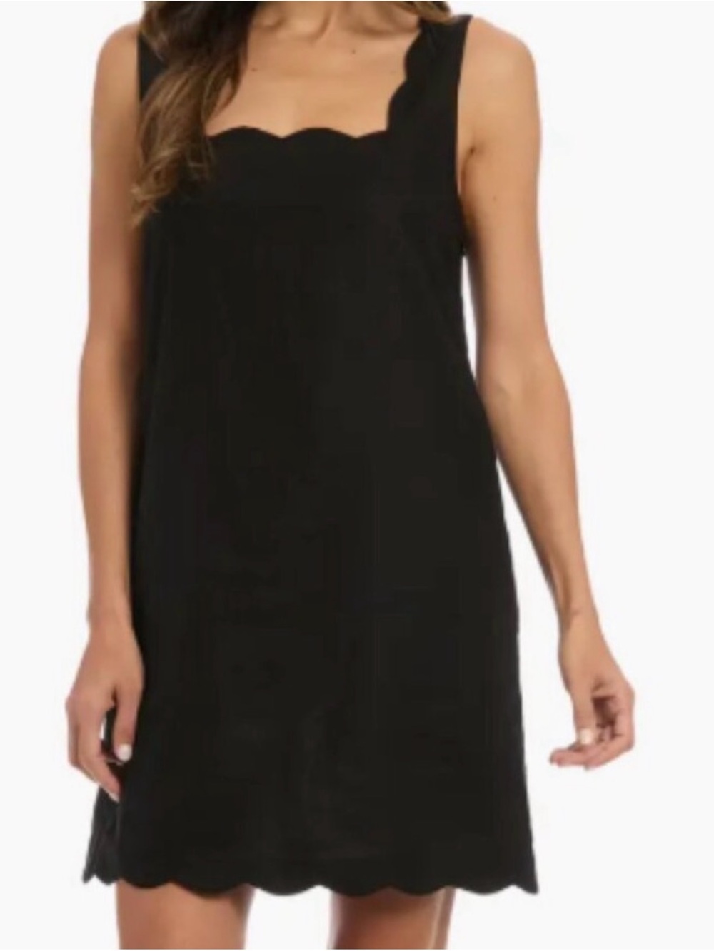 London Times Black Scalloped Neckline Linen shift Dress